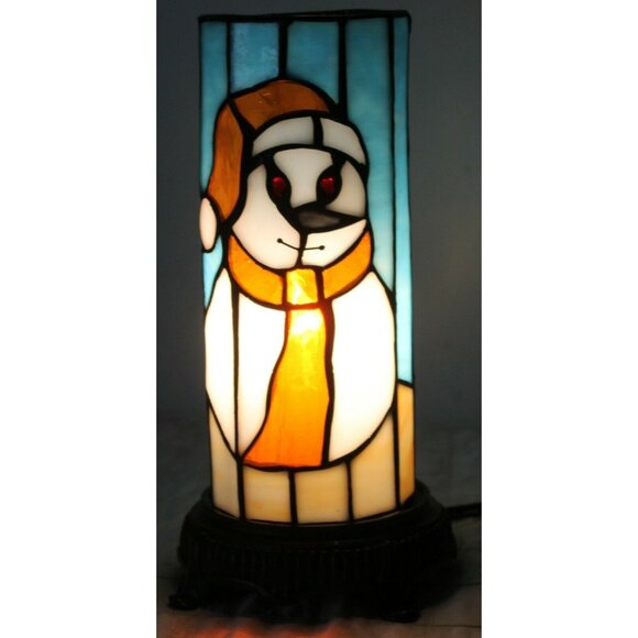 Stained Glass Snowman Lamp Blue White Scene Accent Christmas Hat Scarf Orange - Picture 1 of 8